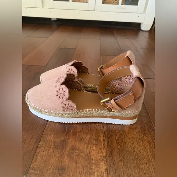 NEW See By Chloe Glyn Espadrille Ankle Sandals Suede Shoes Sz 37 Cipria blush