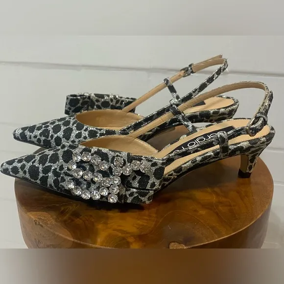 New SERGIO ROSSI Leopard Crystal Embellished Slingback Heels Shoes - Size 34