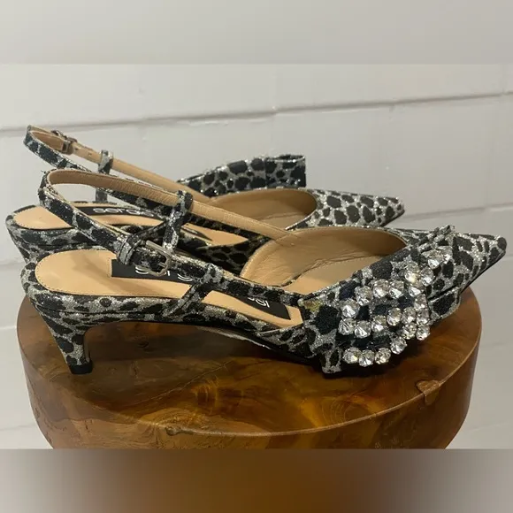 New SERGIO ROSSI Leopard Crystal Embellished Slingback Heels Shoes - Size 34