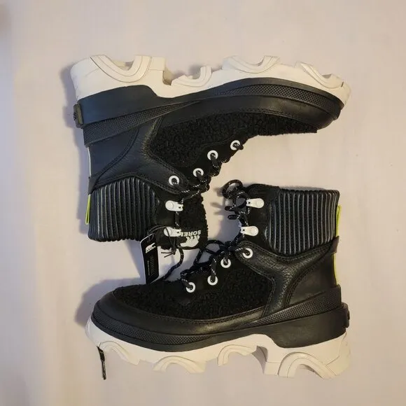 New Sorel Brex Cozy Boots Womens 7 Lace Up Shearling Faux Fur Black Waterproof