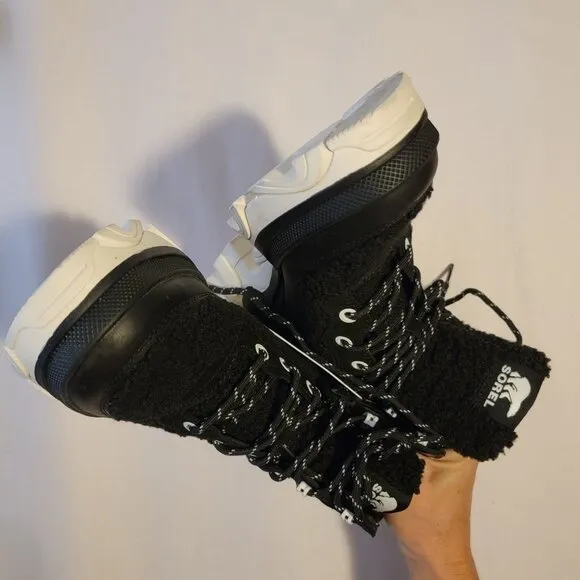 New Sorel Brex Cozy Boots Womens 7 Lace Up Shearling Faux Fur Black Waterproof