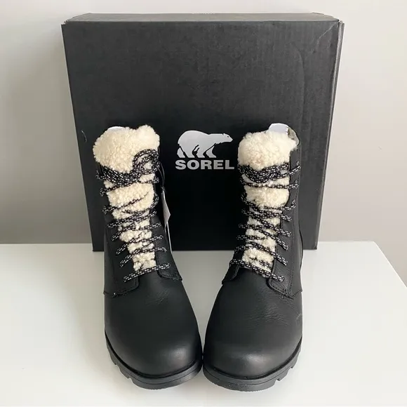 NEW Sorel Emelie Shearling Short Lace Up Cozy Black White Fur Boots Shoes Sz 6.5