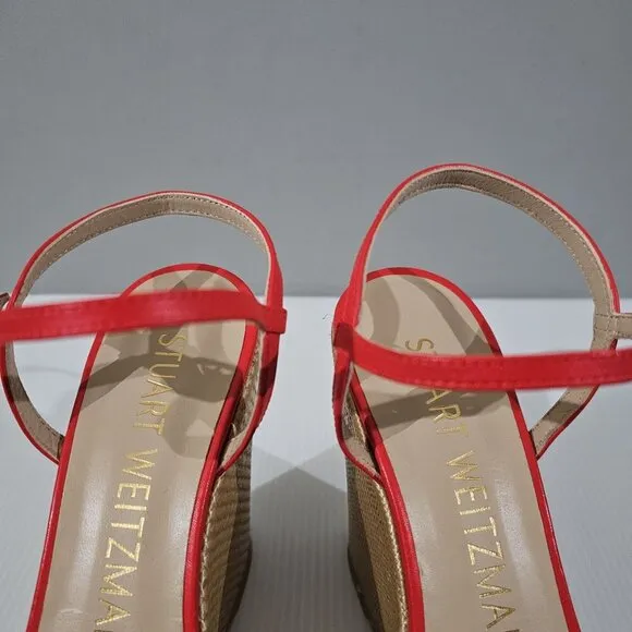 NEW Stuart Weitzman Soiree Wedge Platform Sandal Red Raffia Size 9