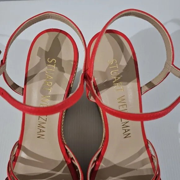 NEW Stuart Weitzman Soiree Wedge Platform Sandal Red Raffia Size 9