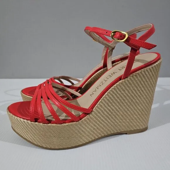 NEW Stuart Weitzman Soiree Wedge Platform Sandal Red Raffia Size 9