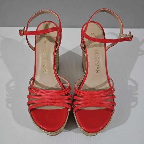NEW Stuart Weitzman Soiree Wedge Platform Sandal Red Raffia Size 9