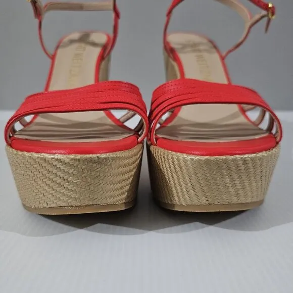 NEW Stuart Weitzman Soiree Wedge Platform Sandal Red Raffia Size 9