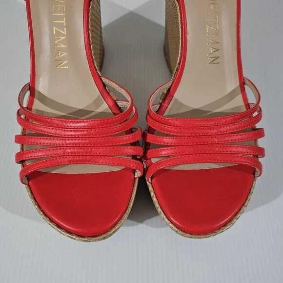 NEW Stuart Weitzman Soiree Wedge Platform Sandal Red Raffia Size 9