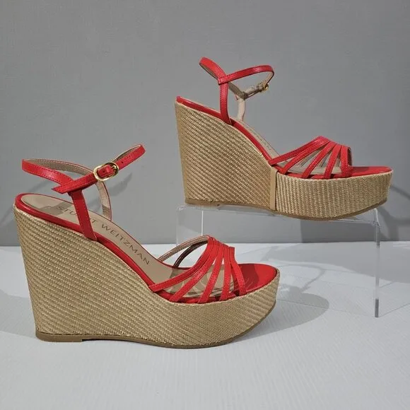 NEW Stuart Weitzman Soiree Wedge Platform Sandal Red Raffia Size 9