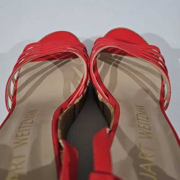 NEW Stuart Weitzman Soiree Wedge Platform Sandal Red Raffia Size 9