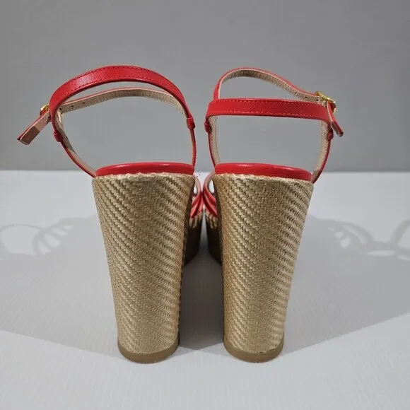 NEW Stuart Weitzman Soiree Wedge Platform Sandal Red Raffia Size 9