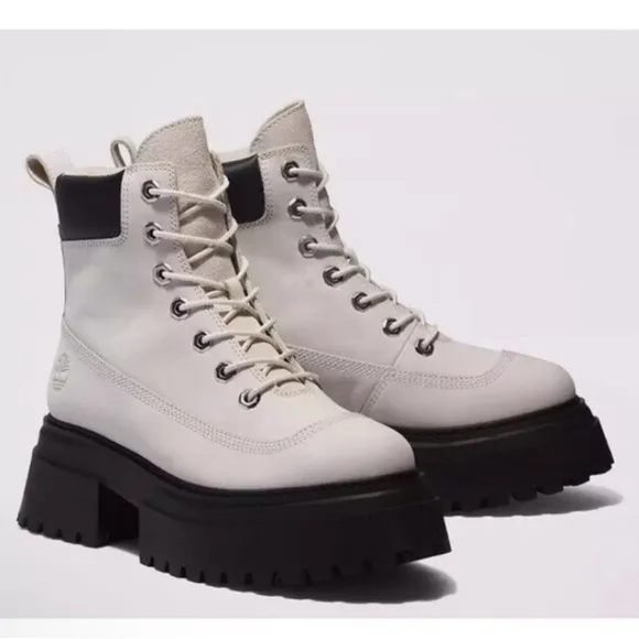NEW Timberland Sky 6-Inch Platform Lace Up Boots White/Black NWT