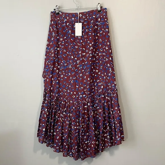 New Ulla Johnson Gretchen Floral Cotton Silk Ruffle Skirt Burgundy Blue 4, S