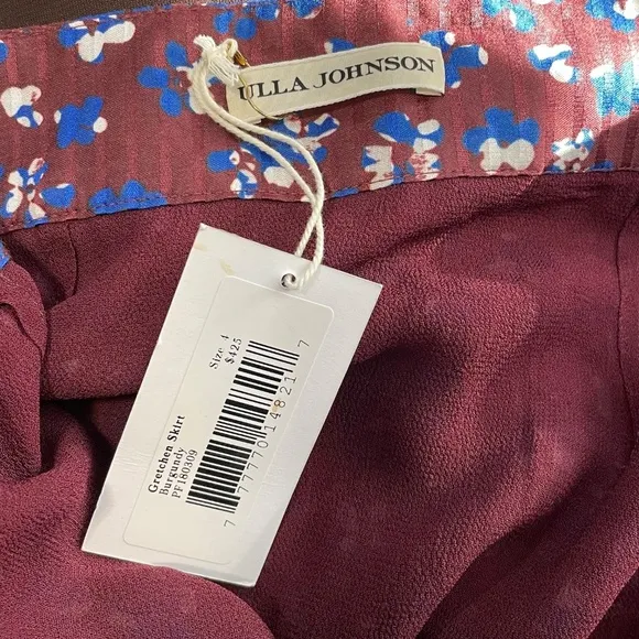 New Ulla Johnson Gretchen Floral Cotton Silk Ruffle Skirt Burgundy Blue 4, S