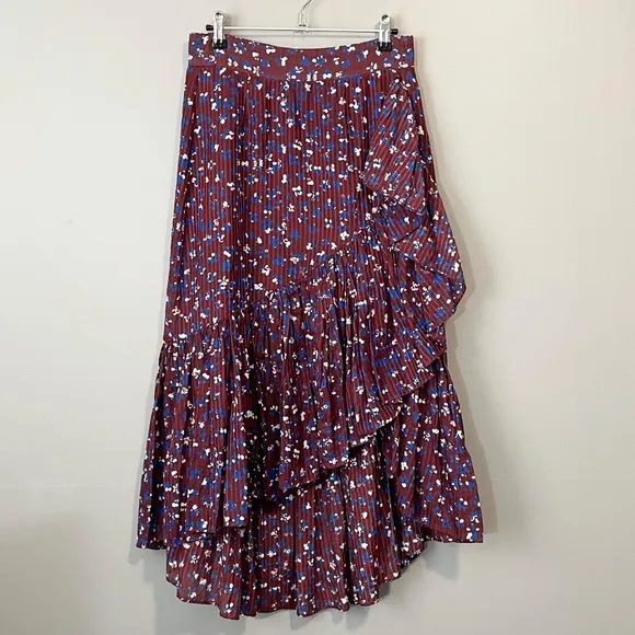 New Ulla Johnson Gretchen Floral Cotton Silk Ruffle Skirt Burgundy Blue 4, S