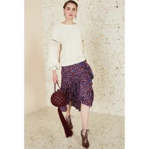 New Ulla Johnson Gretchen Floral Cotton Silk Ruffle Skirt Burgundy Blue 4, S