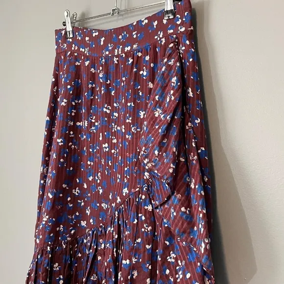 New Ulla Johnson Gretchen Floral Cotton Silk Ruffle Skirt Burgundy Blue 4, S