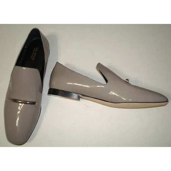 New Via Spiga Italy Patent Leather Loafer Shoes Gray Womens 7.5 37.5 Silver Bar