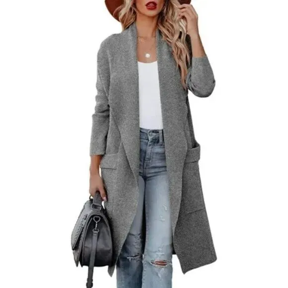 NEW WOMEN'S Open Front Knit Pockets Long Cardigan Jackets Sweater, Gray