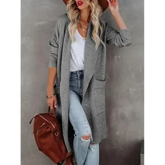 NEW WOMEN'S Open Front Knit Pockets Long Cardigan Jackets Sweater, Gray
