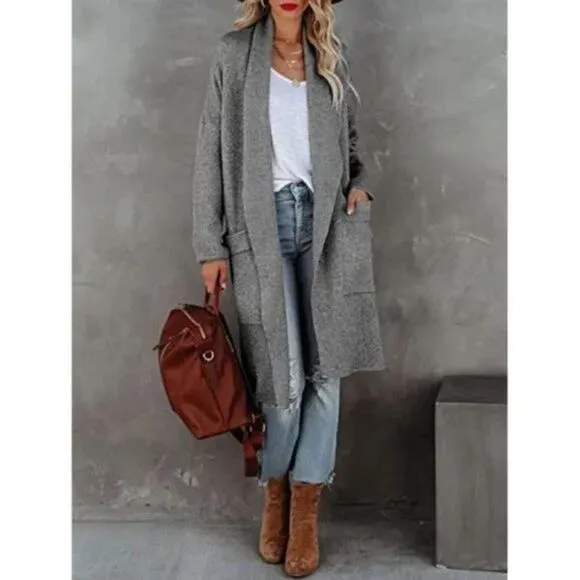 NEW WOMEN'S Open Front Knit Pockets Long Cardigan Jackets Sweater, Gray