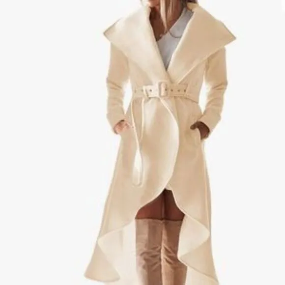 New Woolen Wrap Jacket Collar High Low Coat With Belt Coat
