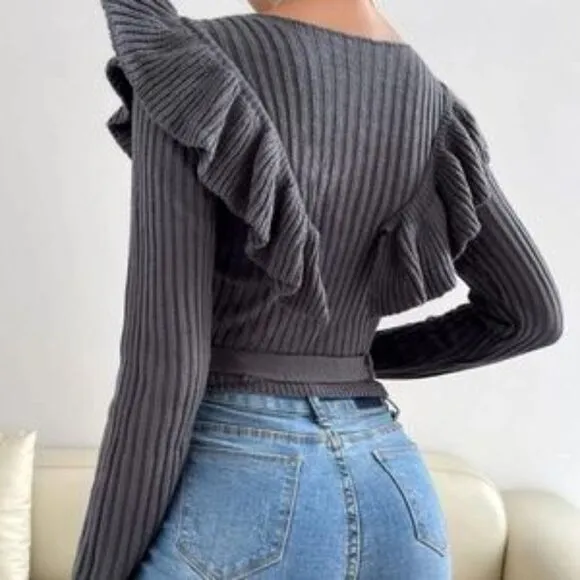 New Cozy Ruffle Ribbed Cropped Sweater Top