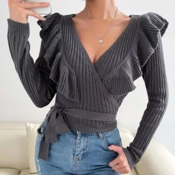 New Cozy Ruffle Ribbed Cropped Sweater Top