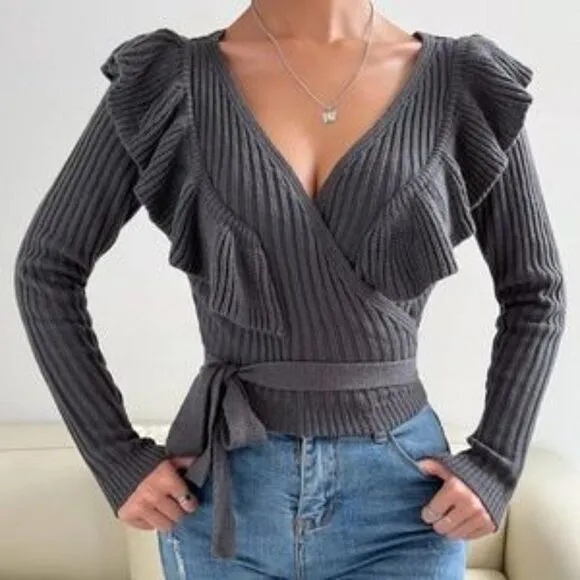 New Cozy Ruffle Ribbed Cropped Sweater Top