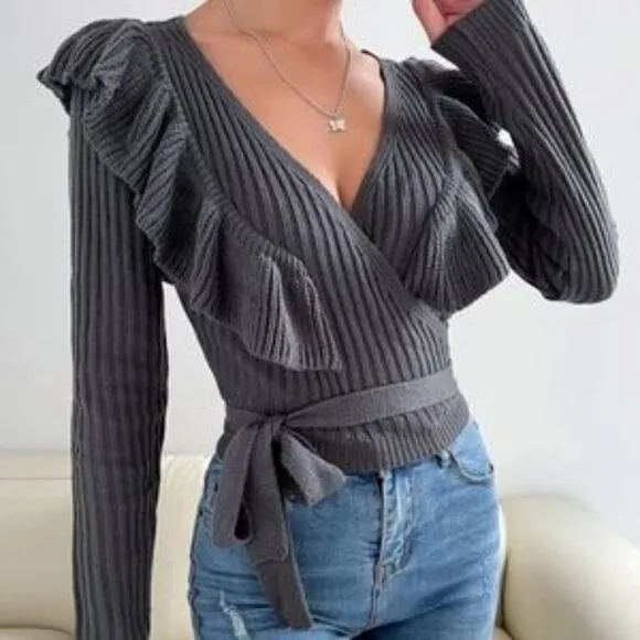 New Cozy Ruffle Ribbed Cropped Sweater Top