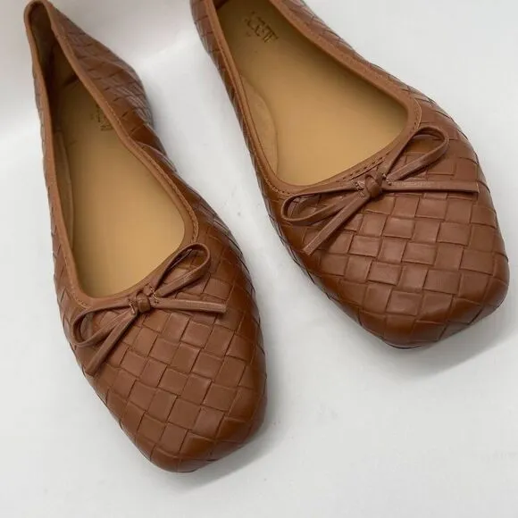 NEW J. Crew Factory Womens Brown Woven Ballet Flats Shoe Bows Sz 10.5 Square Toe