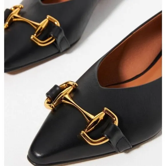 ÁNGEL ALARCÓN Black Macy Pointed Toe Ballet Flat Size 37 Horsebit Hardware Shoes