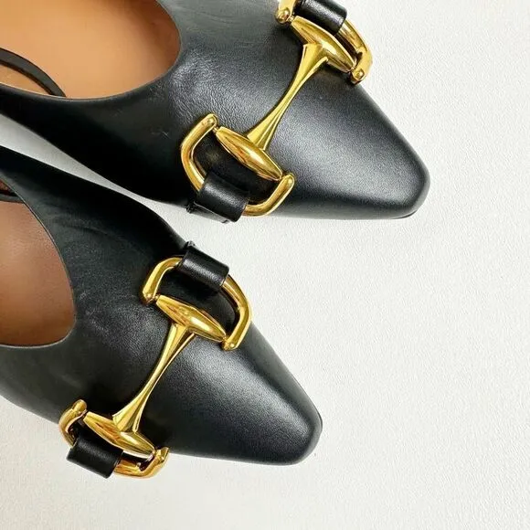 ÁNGEL ALARCÓN Black Macy Pointed Toe Ballet Flat Size 37 Horsebit Hardware Shoes