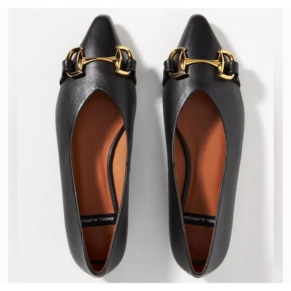 ÁNGEL ALARCÓN Black Macy Pointed Toe Ballet Flat Size 37 Horsebit Hardware Shoes