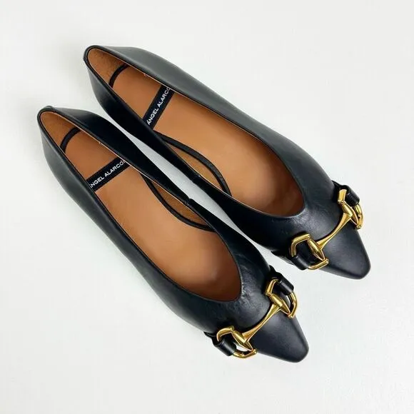 ÁNGEL ALARCÓN Black Macy Pointed Toe Ballet Flat Size 37 Horsebit Hardware Shoes