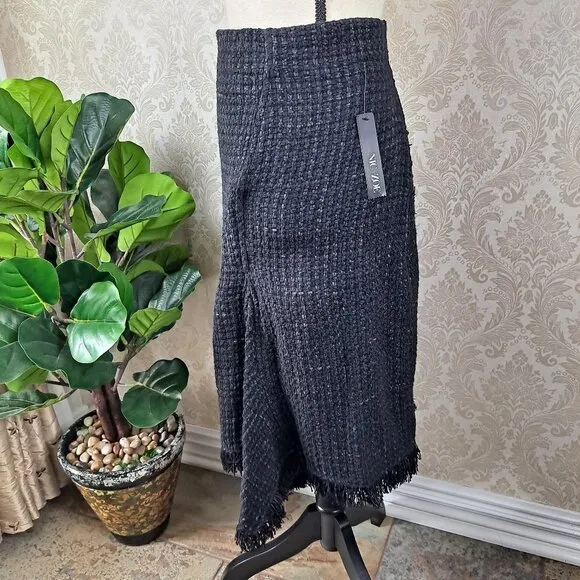 Nic &amp; Zoe Size Small Black Tweed Skirt Aymmetric Hem Faux Wrap Elastic Back NWT