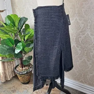 Nic &amp; Zoe Size Small Black Tweed Skirt Aymmetric Hem Faux Wrap Elastic Back NWT