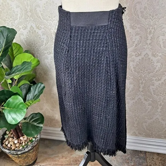 Nic &amp; Zoe Size Small Black Tweed Skirt Aymmetric Hem Faux Wrap Elastic Back NWT