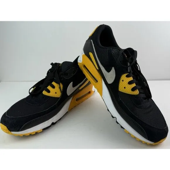Nike Air Max 90 Tennis Shoes Black White Gold &quot;Steelers&quot; FN6958-002 EUC Sz 13