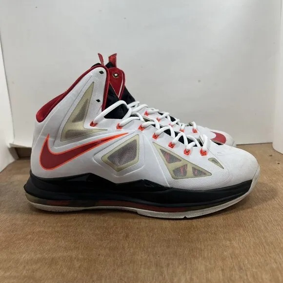 Nike Lebron X Men’s Size 10 Basketball Shoes White Red Black 541100-100