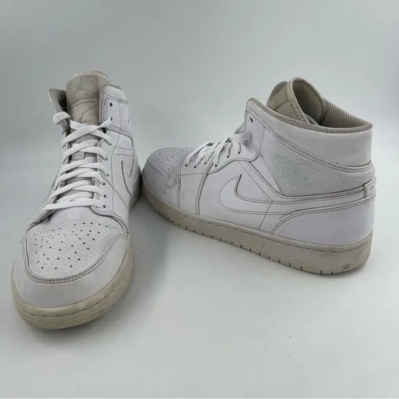 Nike Men’s Air Jordan 1 Mid 2019 Triple White Leather Shoes - Size 12