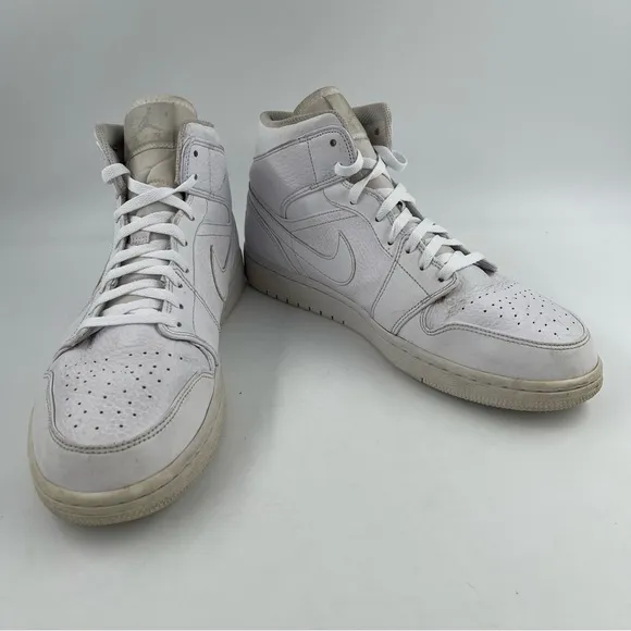 Nike Men’s Air Jordan 1 Mid 2019 Triple White Leather Shoes - Size 12