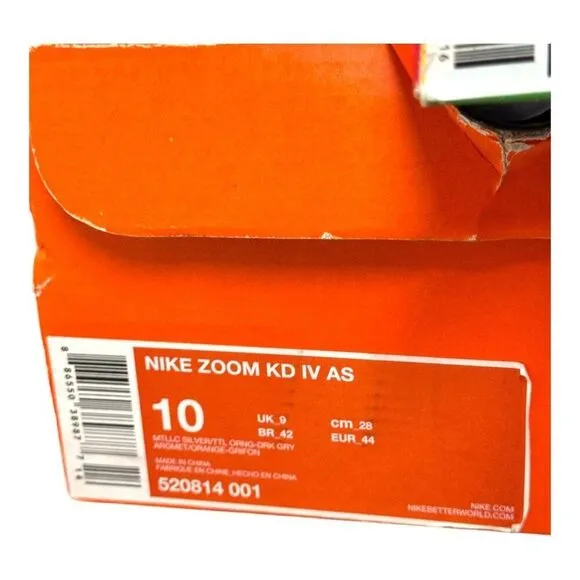 Nike Zoom KD IV 4 AS Basketball Shoes Size 10 Metallic Silver &amp; Orange Galaxy