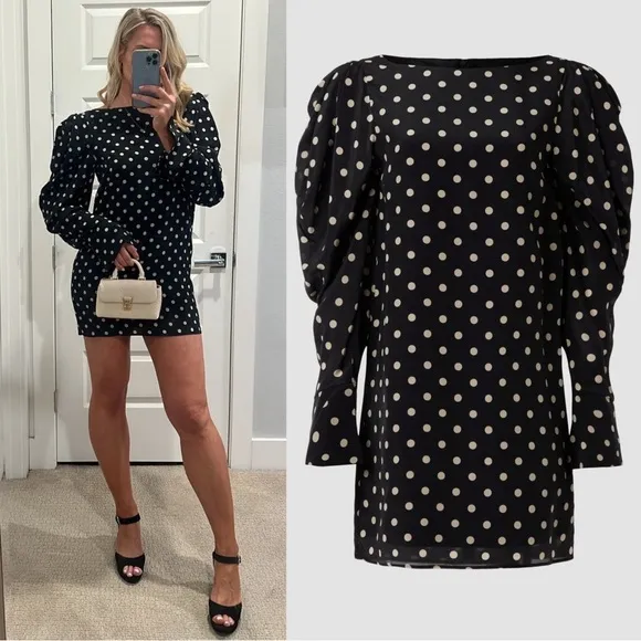 Nina Ricci Polka Dot Statement Sleeve Silk Mini Dress 10 Two Tone Black White