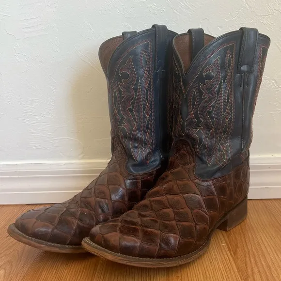 Nocona 13 EE Turner Chocolate Western Boots Broad Square Toe Mens Brown and Blue