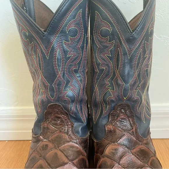 Nocona 13 EE Turner Chocolate Western Boots Broad Square Toe Mens Brown and Blue