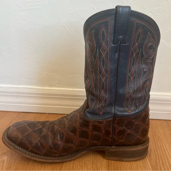 Nocona 13 EE Turner Chocolate Western Boots Broad Square Toe Mens Brown and Blue