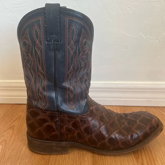 Nocona 13 EE Turner Chocolate Western Boots Broad Square Toe Mens Brown and Blue