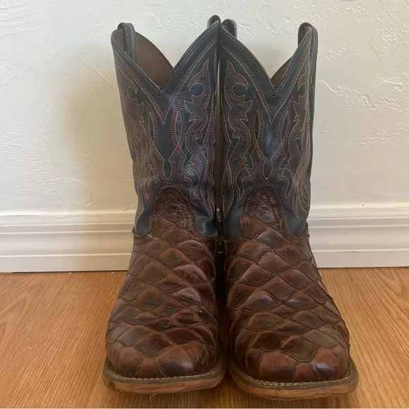 Nocona 13 EE Turner Chocolate Western Boots Broad Square Toe Mens Brown and Blue