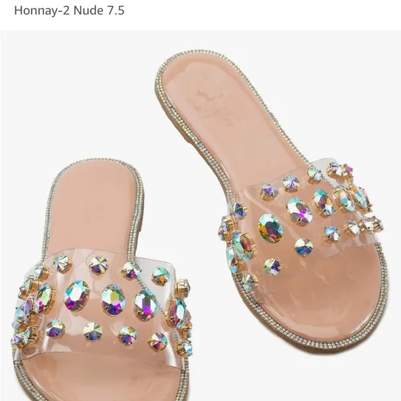 Nude Open-Toe Flat Shoes Women's Colorful Crystal Slide Sandals (Brand N…